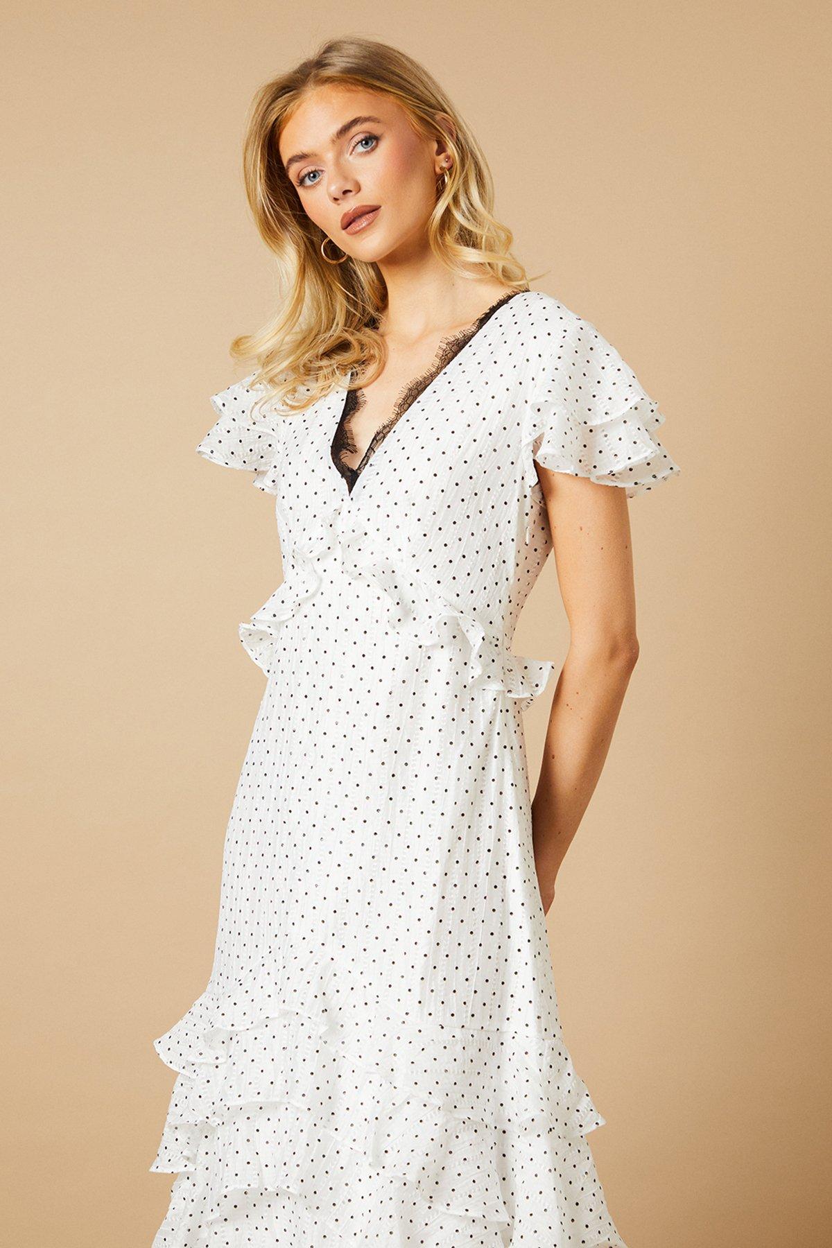 Oasis Spot Ruffle Tiered Lace Midi Dress White image 4