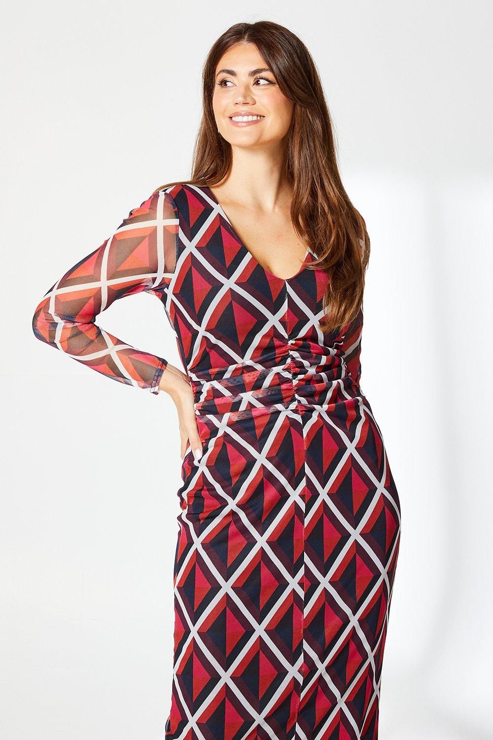 Principles Red Printed Mesh Ruched Front Midi Dress Red image 2