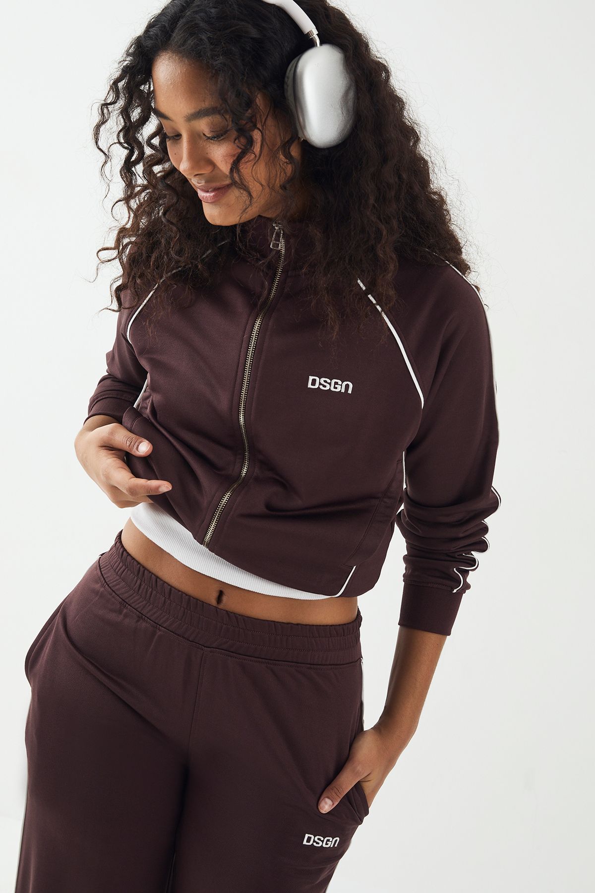 DSGN Studio DSGN Studio Tricot Piping Detail Zip Through Track Jacket Chocolate image 1
