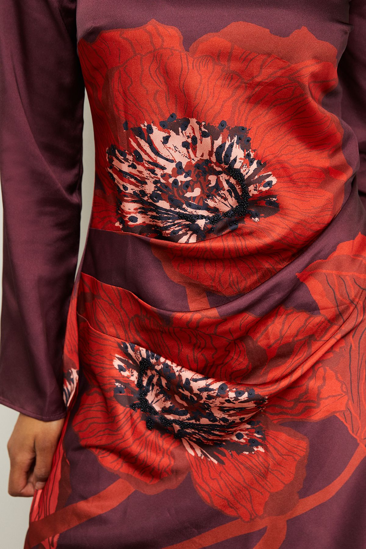 Warehouse Floral Placement Print Satin Midi Dress Dark Red image 5