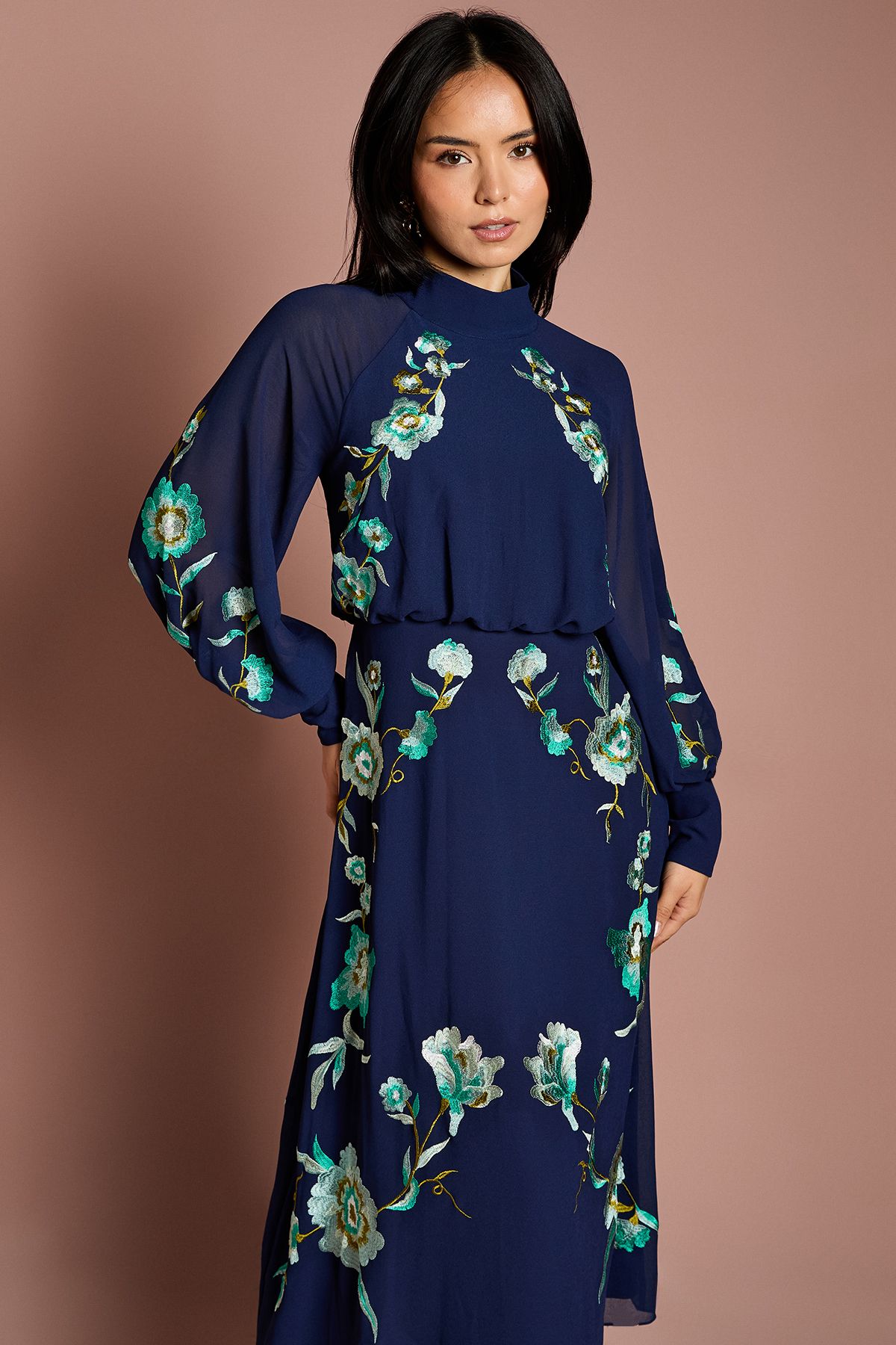 Coast Petite High Neck Long Sleeve Floral Embroidered Midi Dress Navy image 2