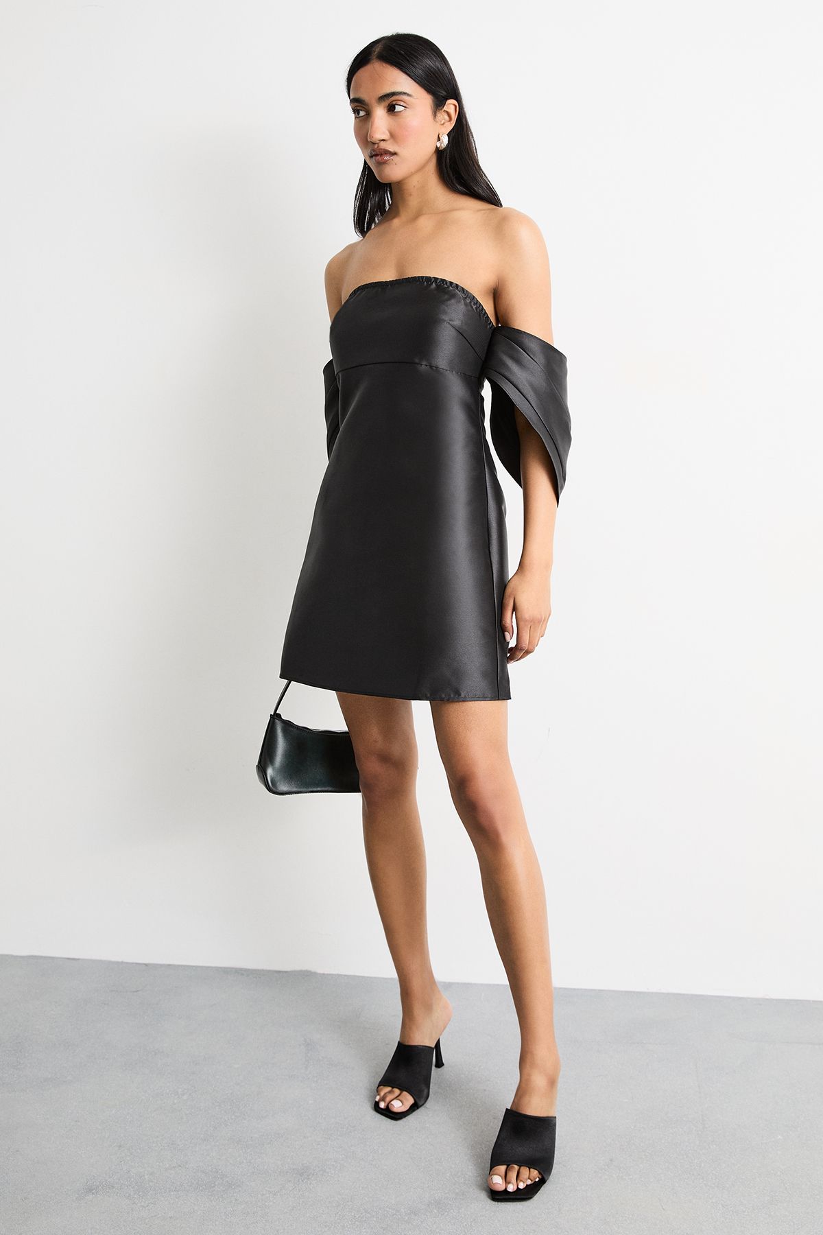 Warehouse Structured Puff Sleeve Bardot Mini Dress Black