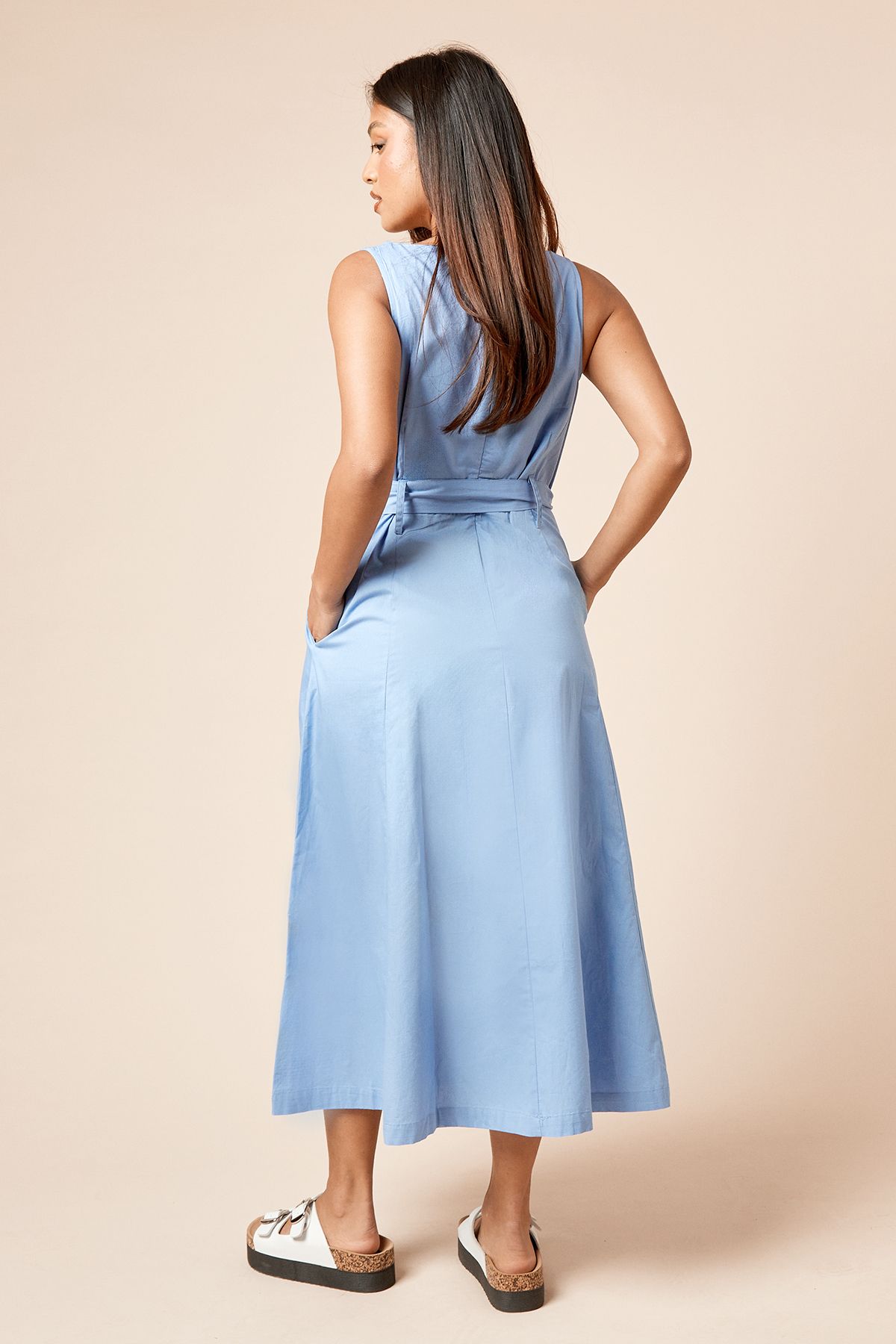 Dorothy Perkins Petite Belted Sleeveless Seamed Midi Dress Blue image 3