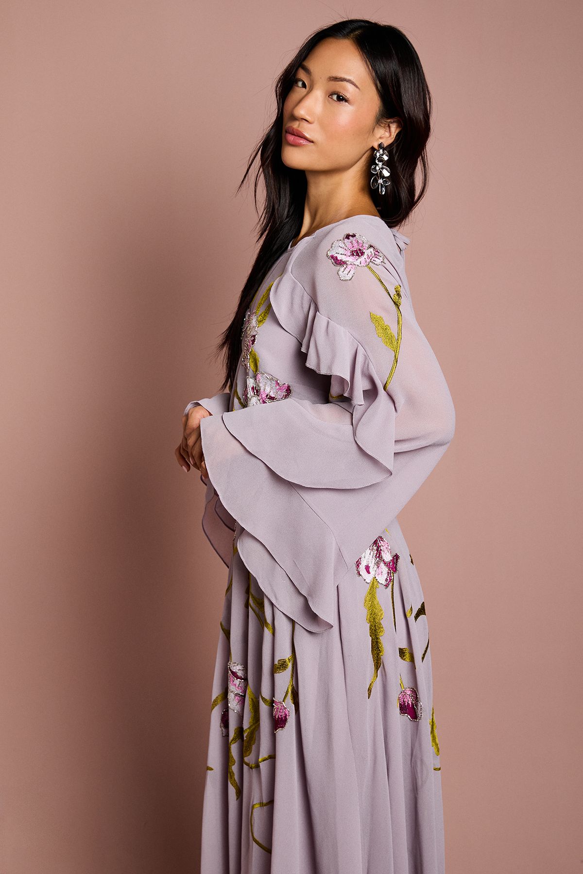 Coast Embroidered Tiered Chiffon Midi Dress Mauve image 4