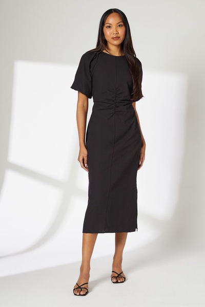 Principles Black Ruched Waist Cotton Puff Sleeve Midi Dress Black