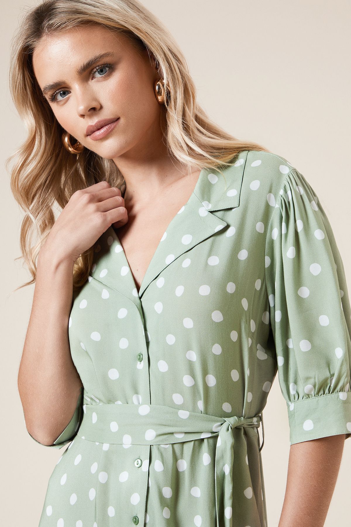 Dorothy Perkins Petite Green Spot Belted Puff Sleeve Shirt Dress Green image 4