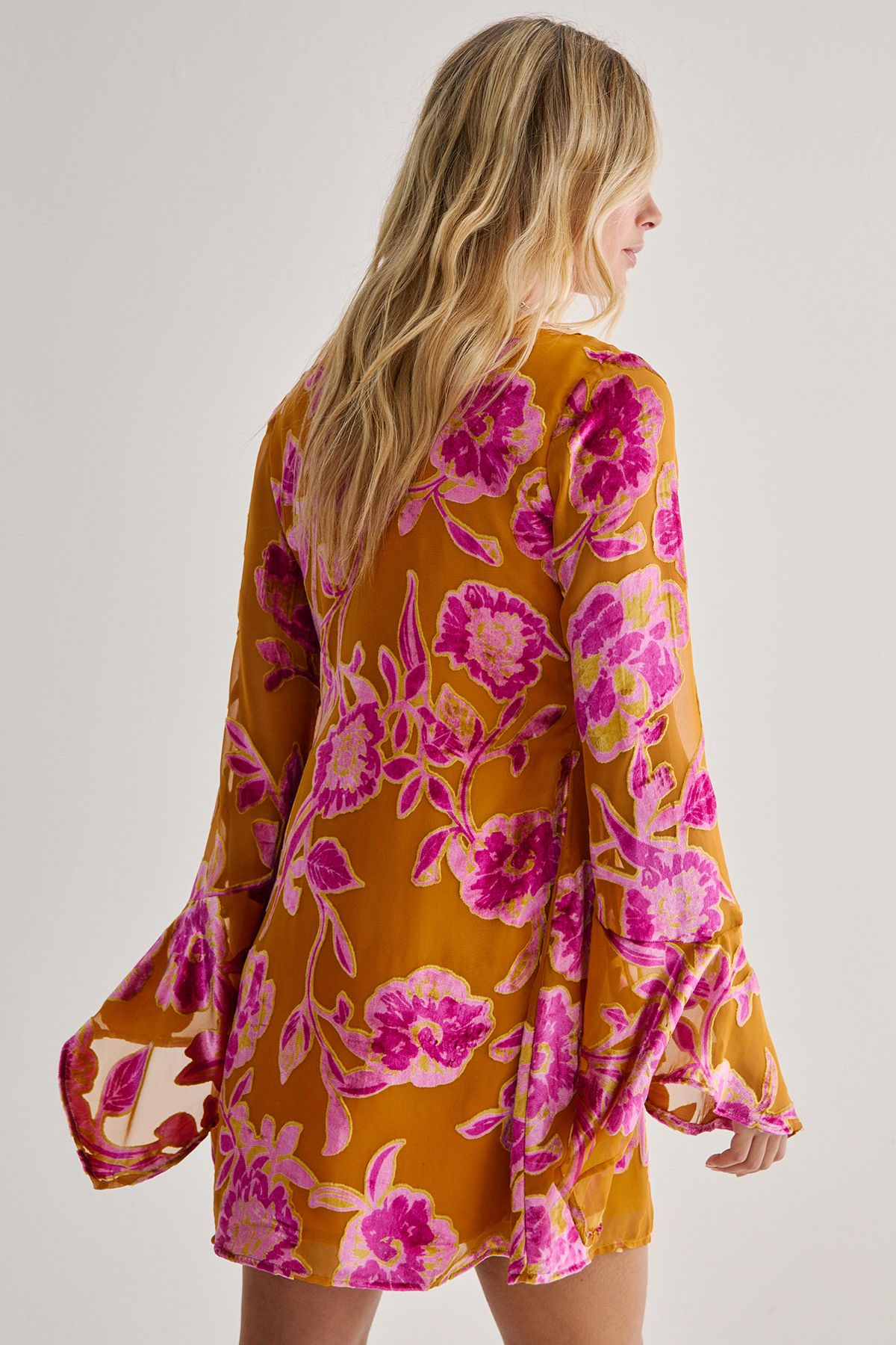 NastyGal Floral Devore Fluted Sleeve Tunic Mini Dress Mustard image 4