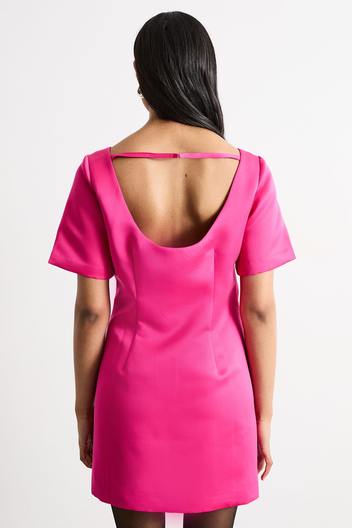 Warehouse Structured Satin Scoop Back Mini Dress Pink image 3
