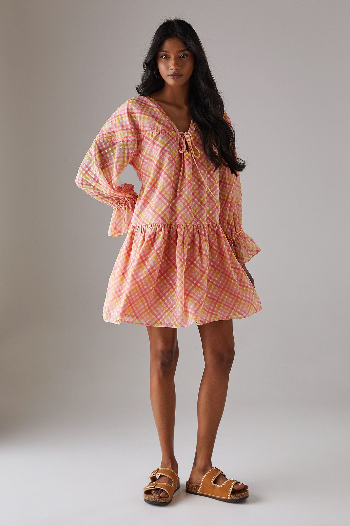 Warehouse Dobby Chiffon Volume Sleeve Smock Mini Dress Multi image 4