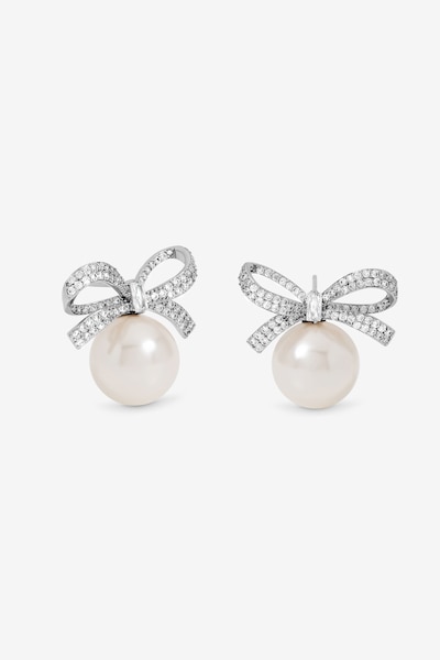 Jon Richard Rhodium Plated Crystal Bow and Pearl Earrings