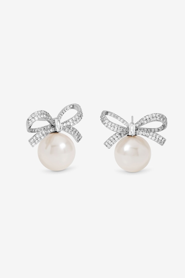 Jon Richard Rhodium Plated Crystal Bow and Pearl Earrings