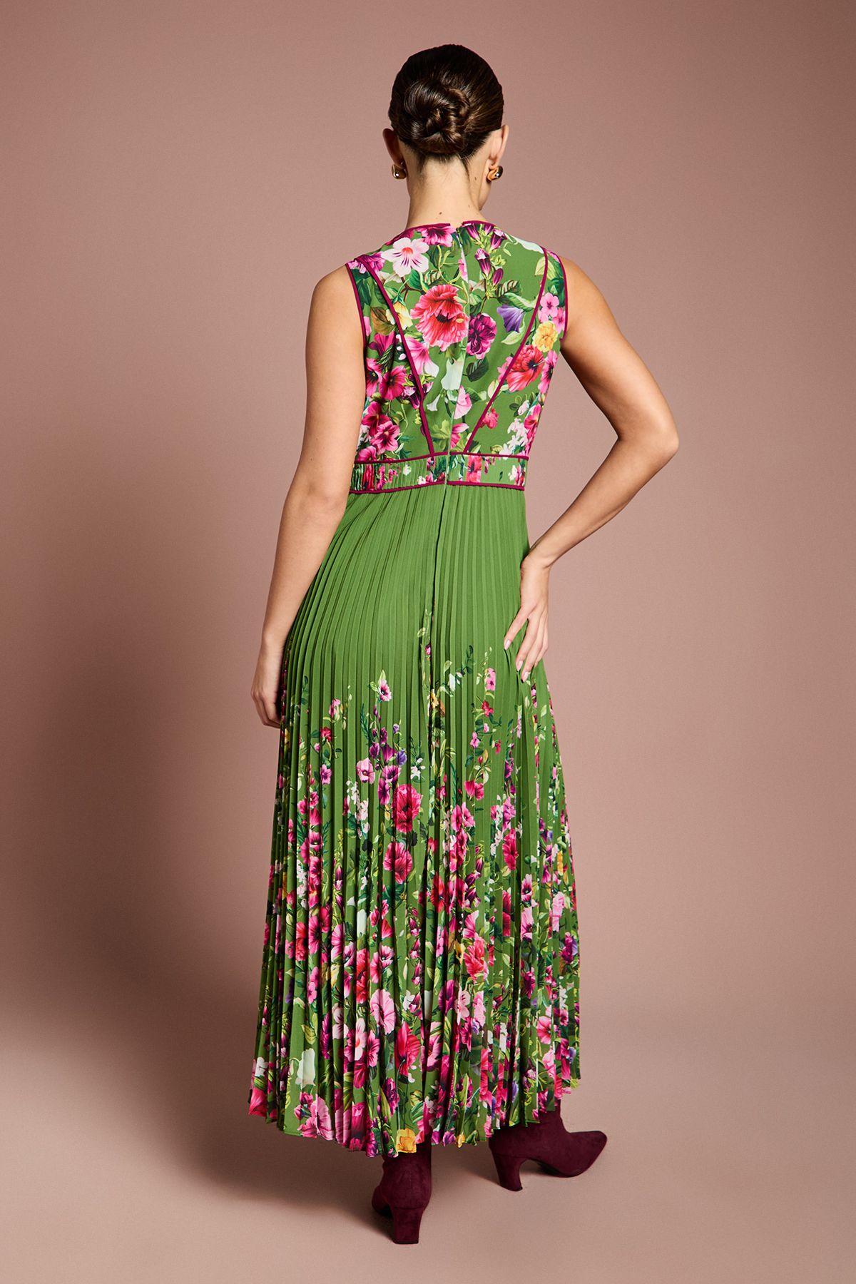 Coast Lisa Tan Pleated Piped Bodice Printed Midi Dress Green image 3