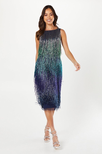 Coast Party Sequin Ombre Fringe Midi Dress Navy