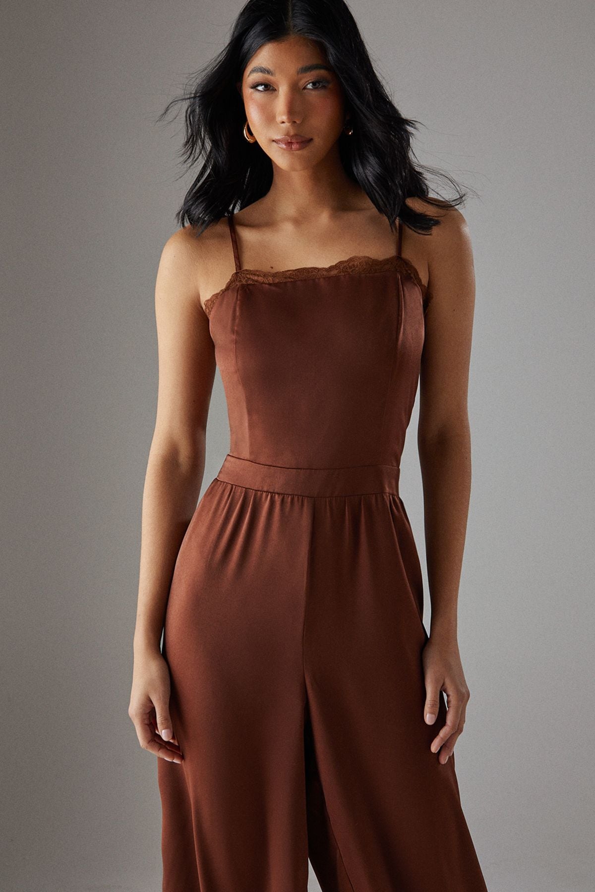 Warehouse Satin Lace Trim Elasticated Cuff Strappy Jumpsuit Chocolate image 4