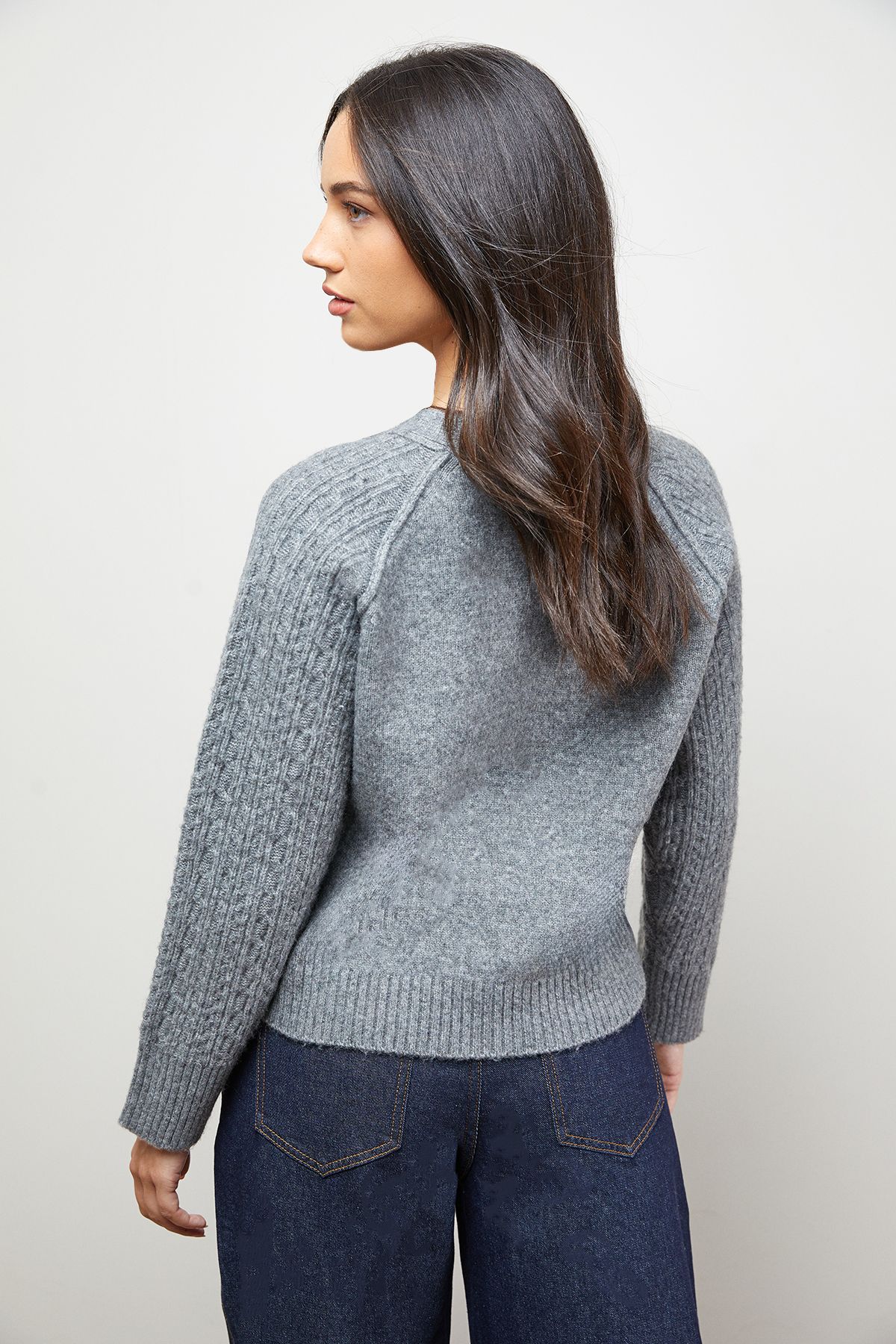 Oasis Stitchy Button Detail Crew Neck Jumper Grey Marl image 3