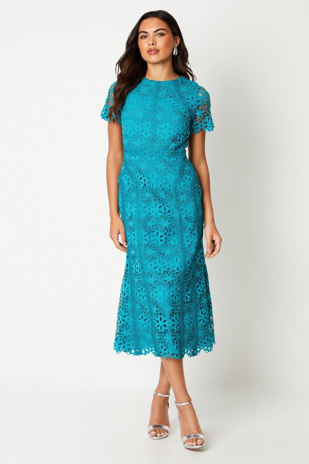 Coast Geo Lace Midi Dress With Angled Trims Turquoise image 1