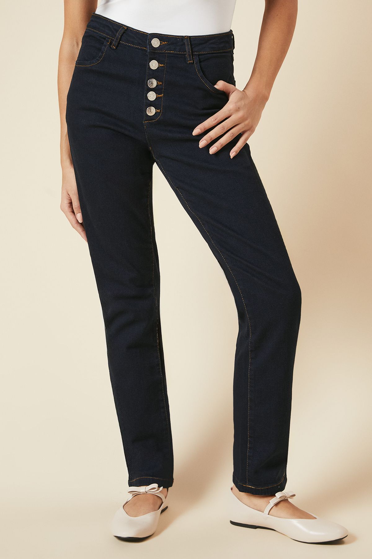Dorothy Perkins High Rise Straight Button Detail Jeans Blue/black image 2