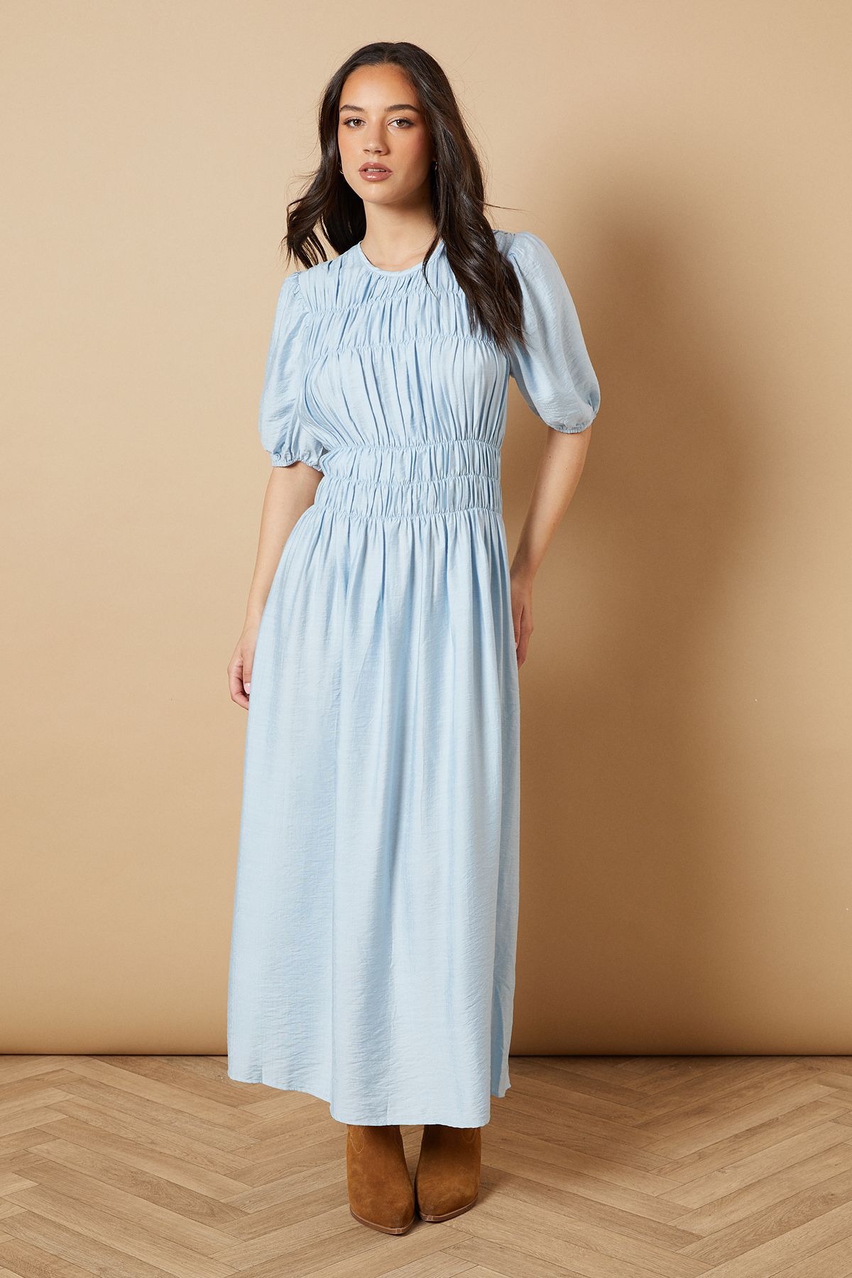 Oasis Shirred Bodice Puff Sleeve Midi Dress Blue image 1