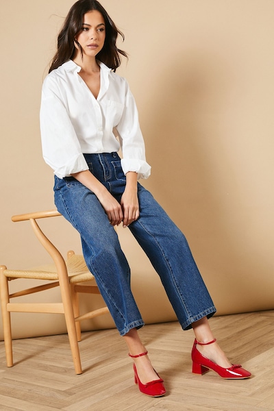 Oasis Debbie Faux Patent Leather Bow Detail Low Block Heel Court Shoes Red