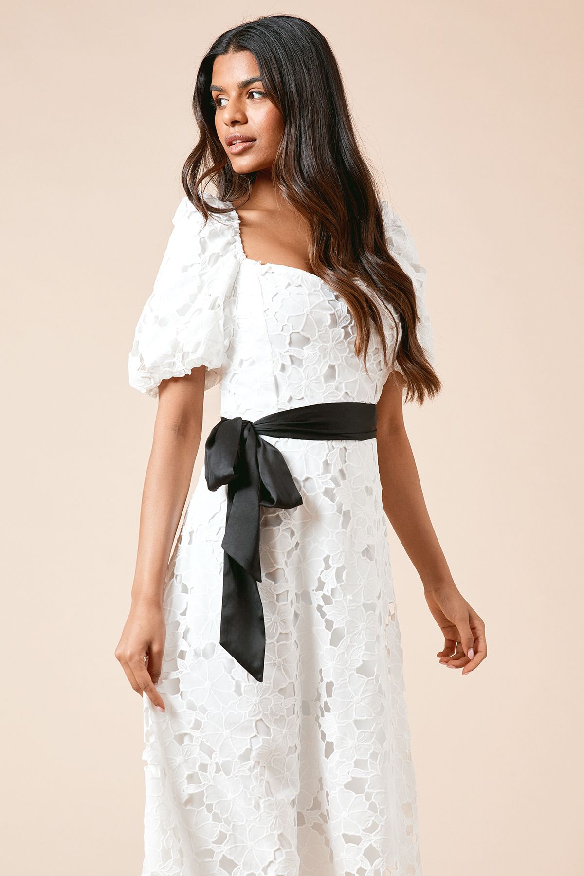 Dorothy Perkins Petite DP Luxe Cutwork Lace Contrast Belt Midi Dress White image 2