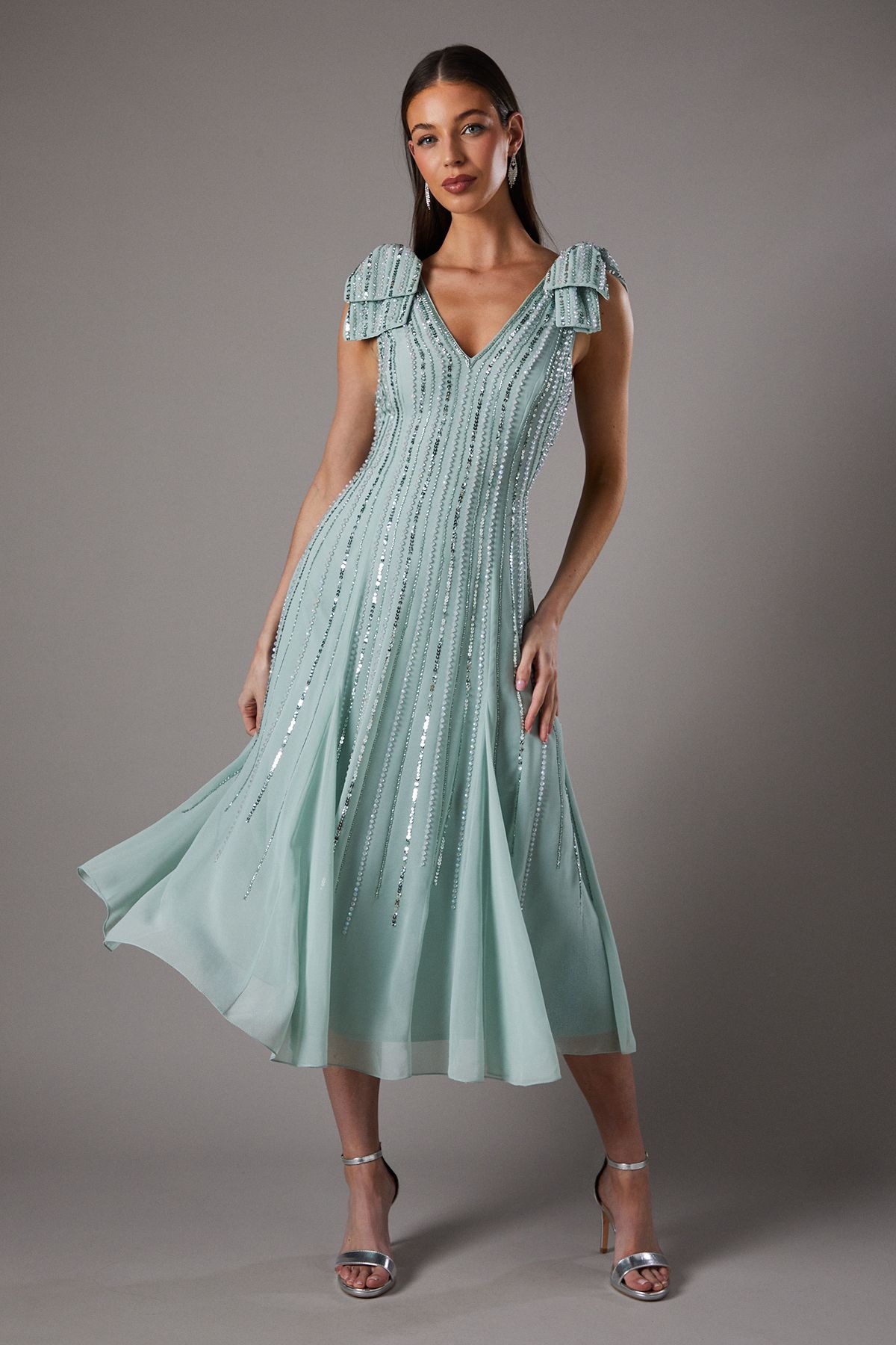 Coast Bow Shoulder Embellished Midi Dress Sage image 1