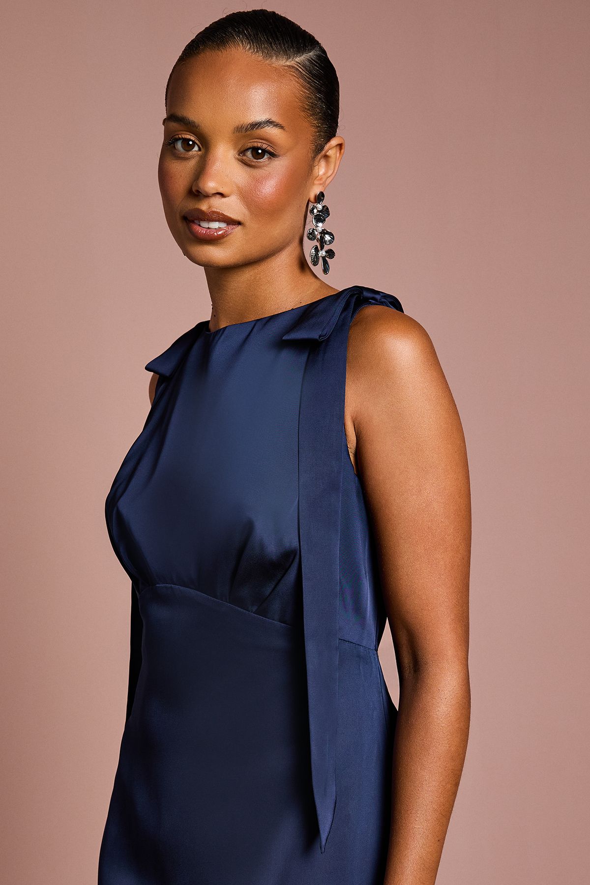 Coast Coast Honoured Petite Sleeveless High Neck Tie Shoulder Satin Maxi Bridesmaid Dress Navy image 4