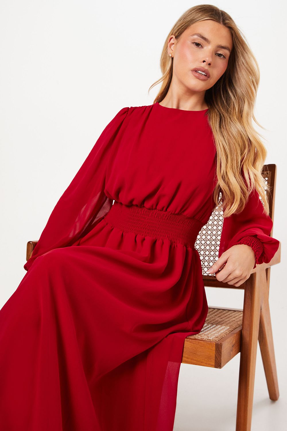 Dorothy Perkins Chiffon Shirred Waist Midi Dress Dark Red image 1