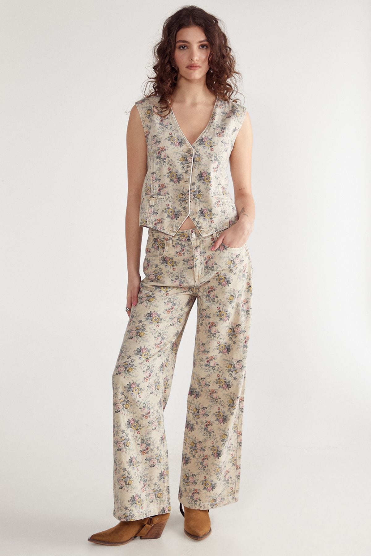 NastyGal Floral Printed Denim Waistcoat Multi image 1