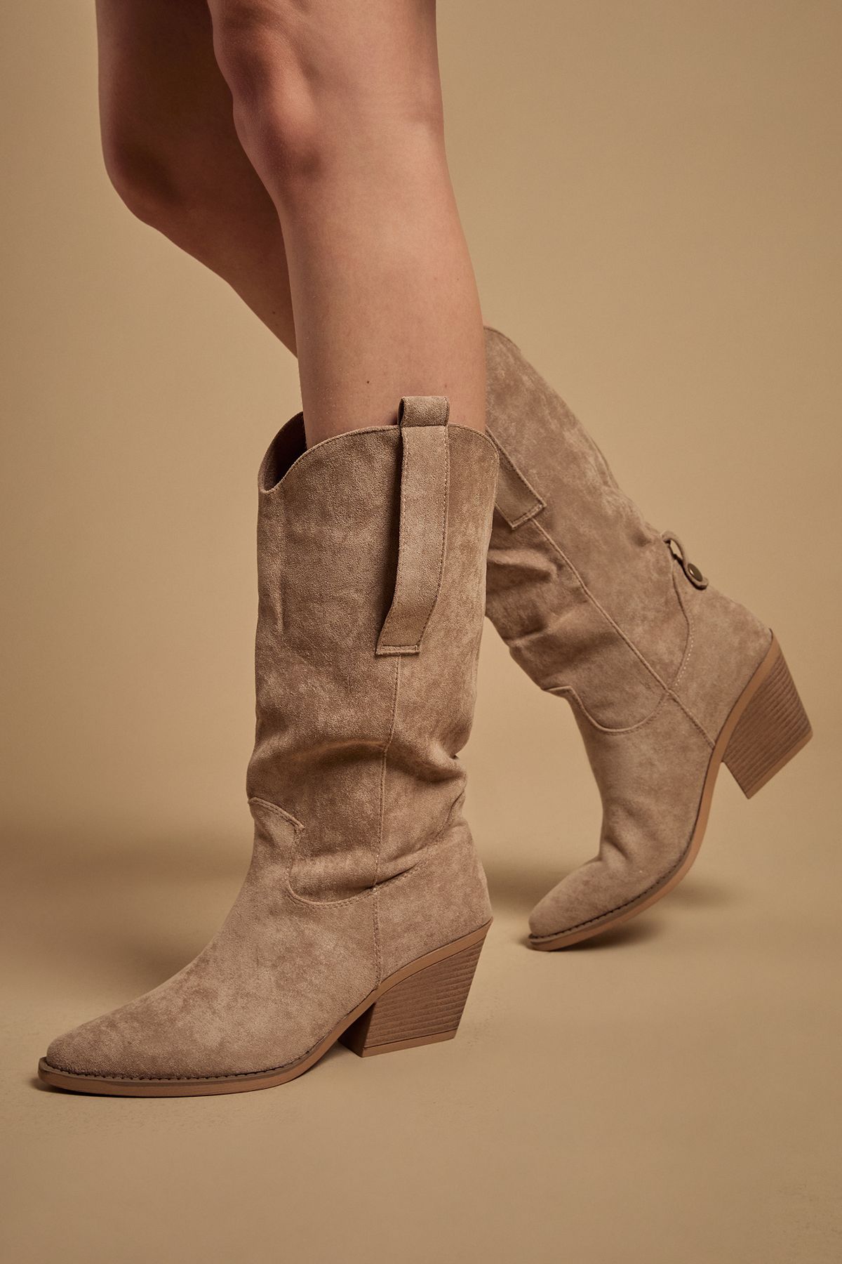 Oasis Wanda Faux Suede Slouch Western Calf Boots Beige