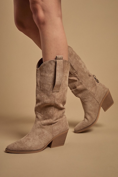 Oasis Wanda Faux Suede Slouch Western Calf Boots Beige