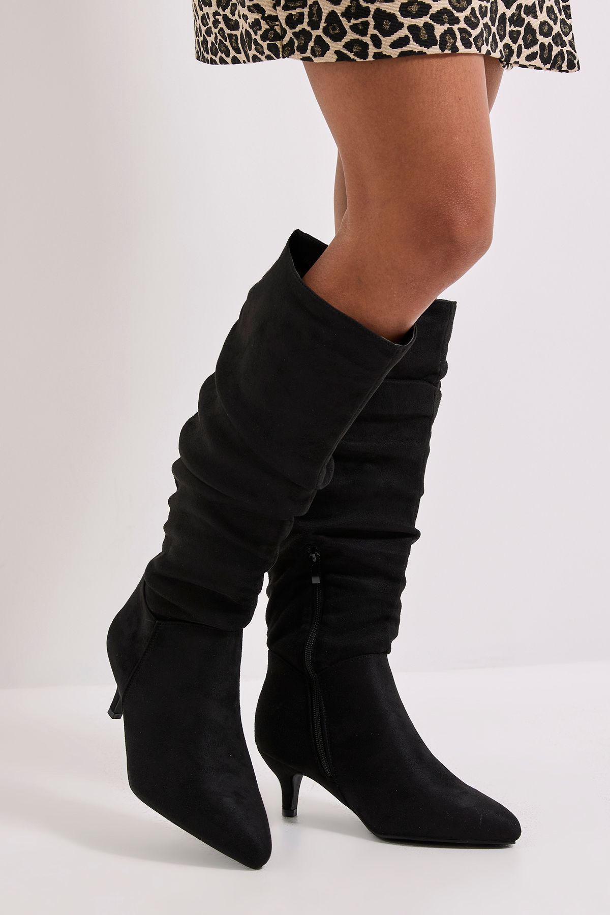 Dorothy Perkins Khloe Faux Suede Kitten Heel Knee High Ruched Boots Natural Black image 2