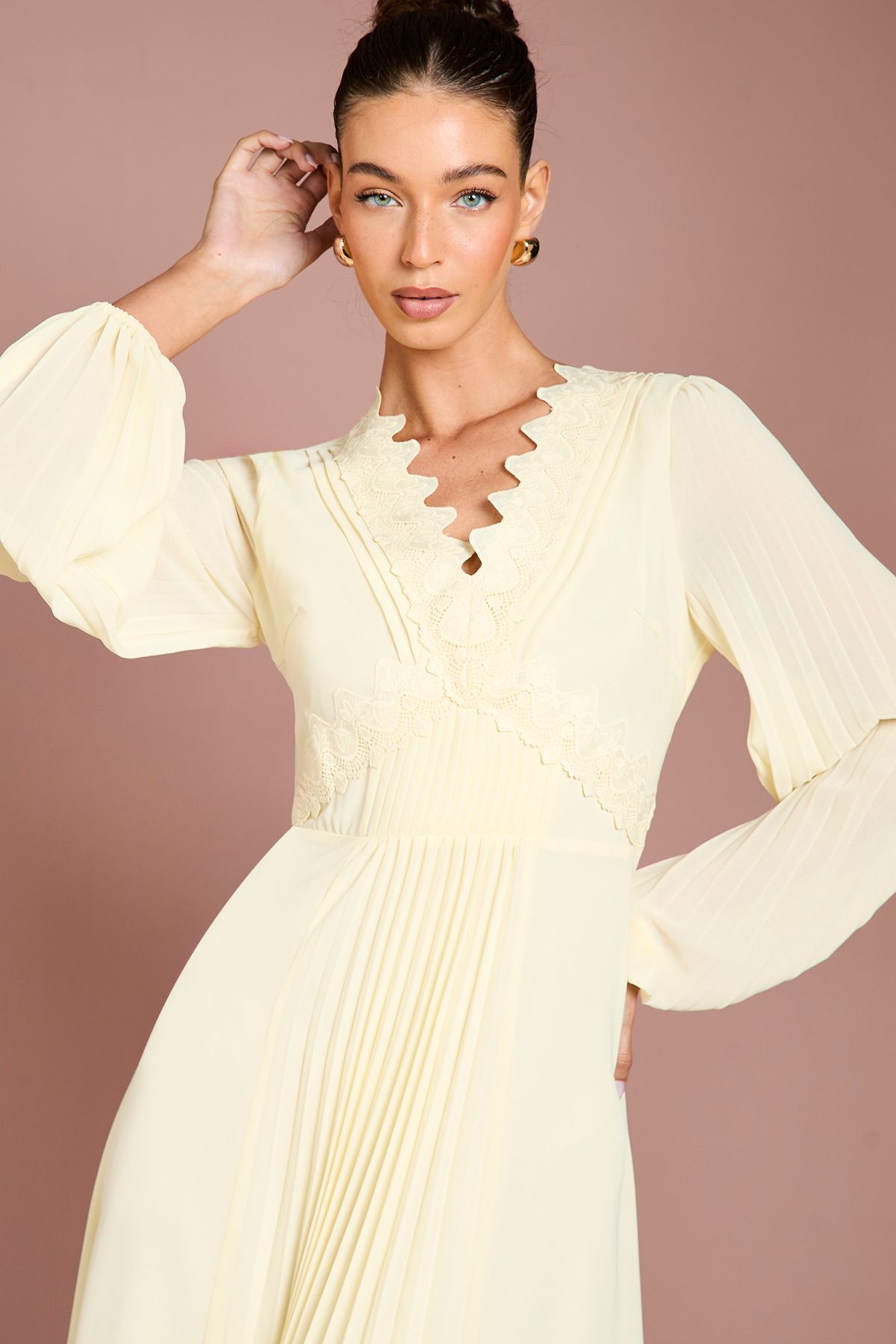 Coast Pleat Detail Lace Trim Maxi Dress Yellow image 2