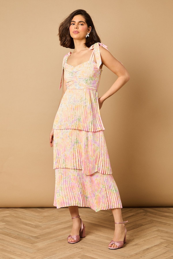 Oasis Ditsy Floral Pleated Tie Shoulder Midi Dress Multi