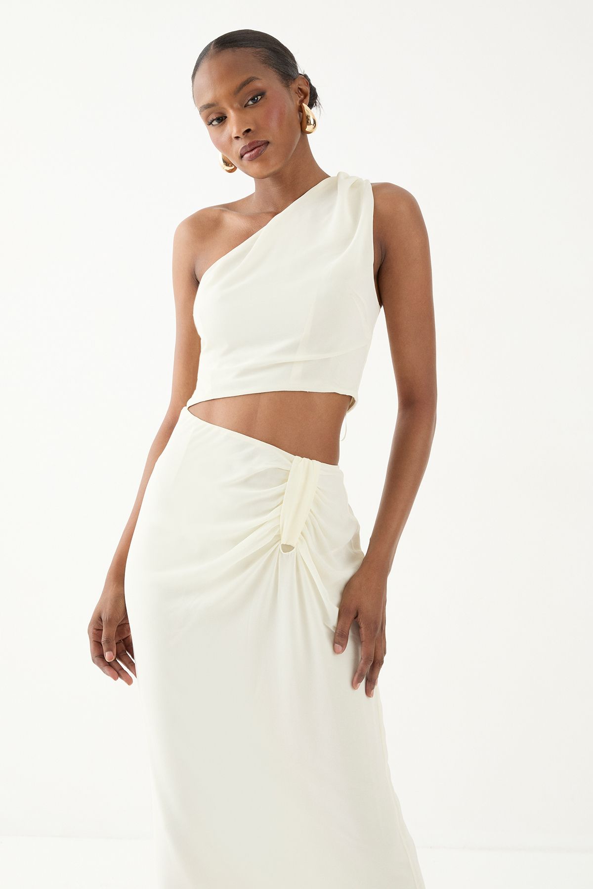 MissPap Asymmetric Shoulder Cut Out Ruched Maxi Dress Butter image 2