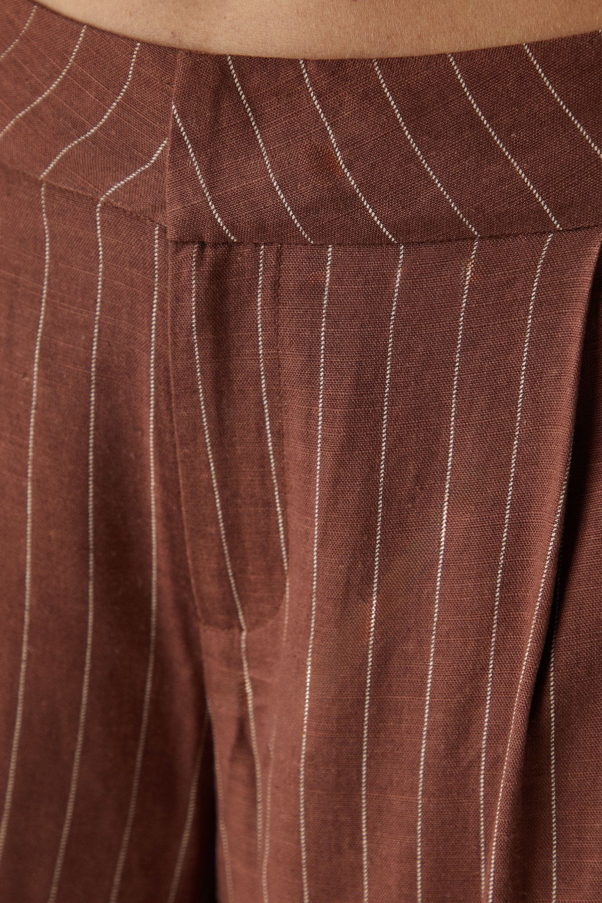 Warehouse Linen Look Pinstripe Tailored Trousers Chocolate image 5