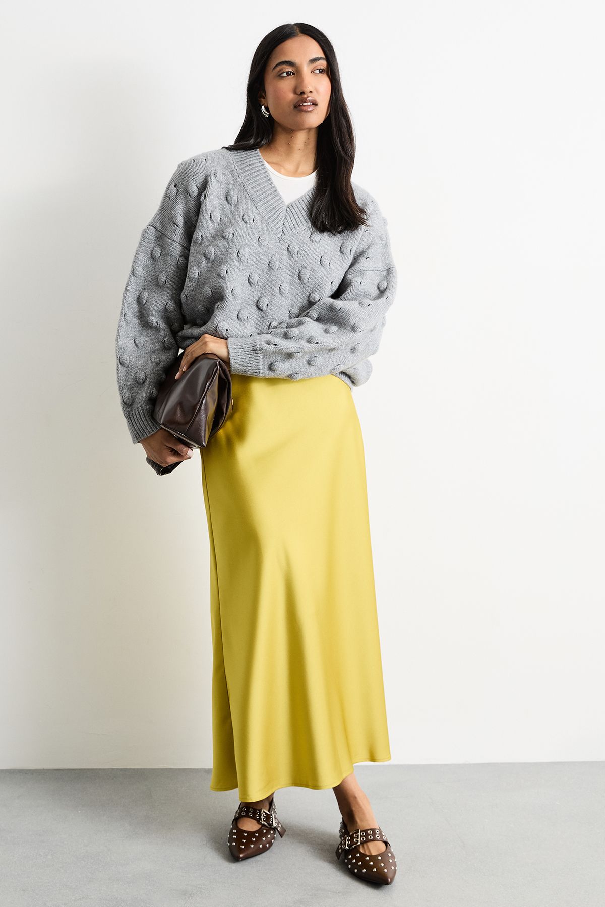 Warehouse Satin Bias Cut Maxi Skirt Chartreuse