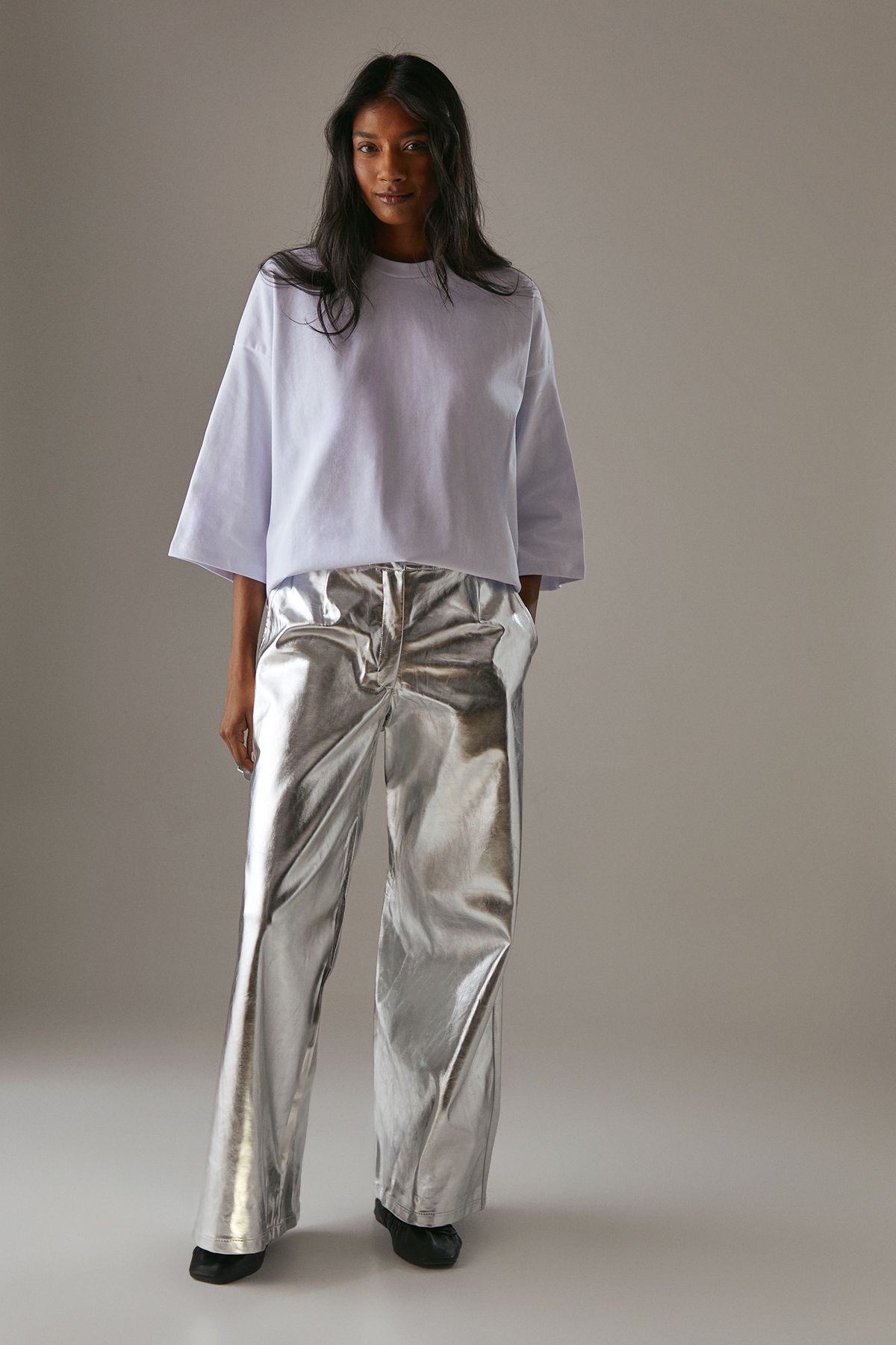Warehouse Metallic Wide Leg Trouser Metallic Silver image 2