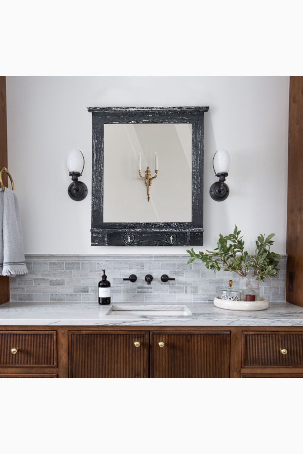 Living and Home 62cm W x 70cm H  Wood Grain Frame Wall Mirror with Hooks image 1