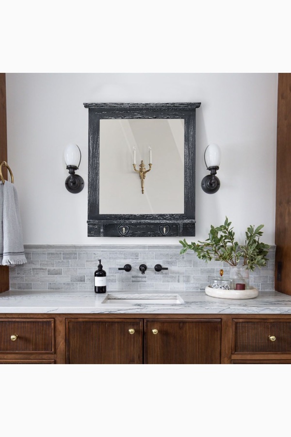 Living and Home 62cm W x 70cm H  Wood Grain Frame Wall Mirror with Hooks