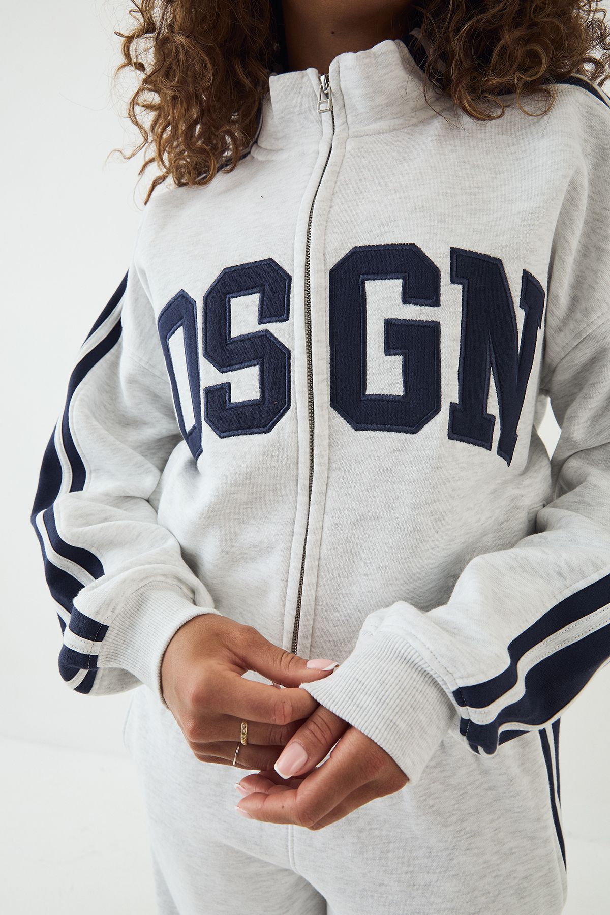 DSGN Studio DSGN Side Stripe Funnel Neck Zip Through Bomber Tracksuit Ash Grey image 4