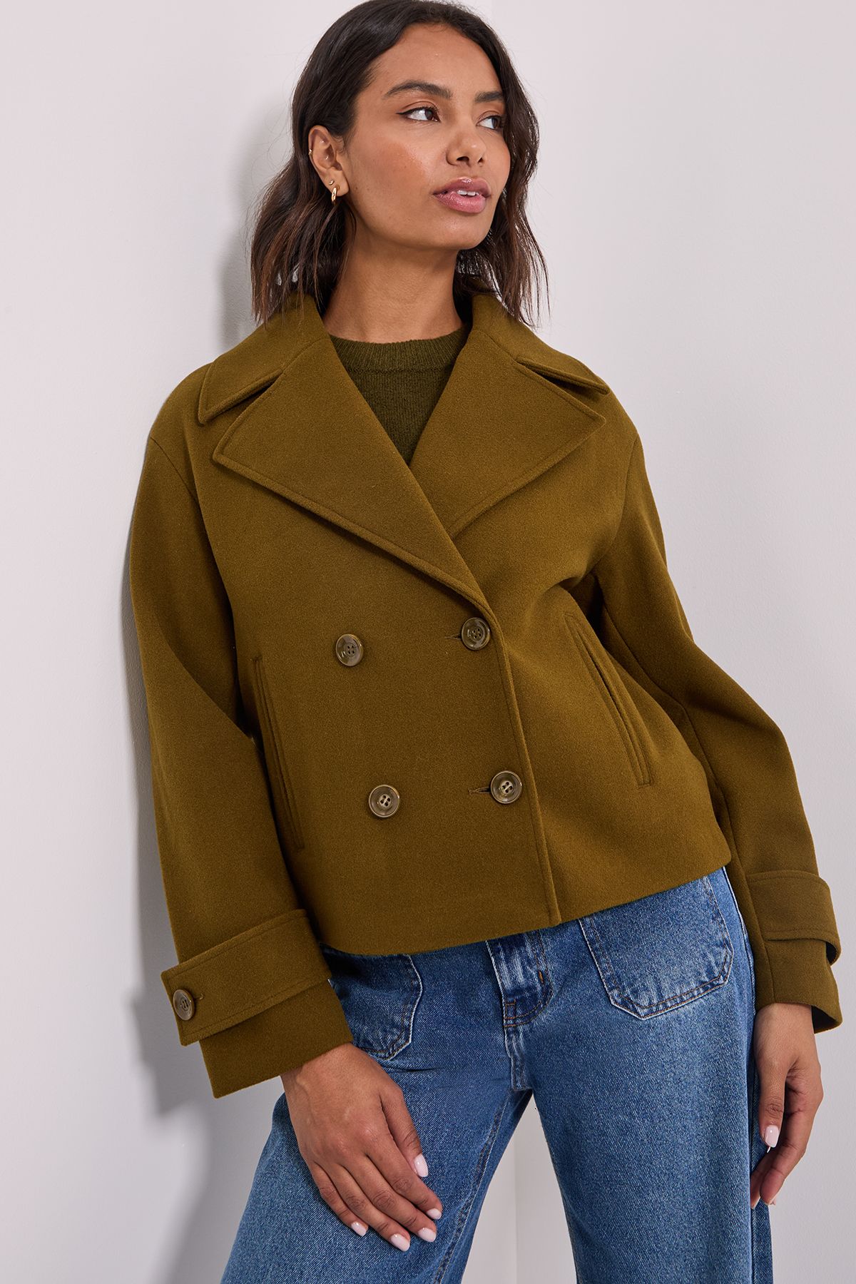 Dorothy Perkins Cuff Detail Wide Collared Short Coat Olive image 1