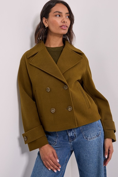 Dorothy Perkins Cuff Detail Wide Collared Short Coat Olive