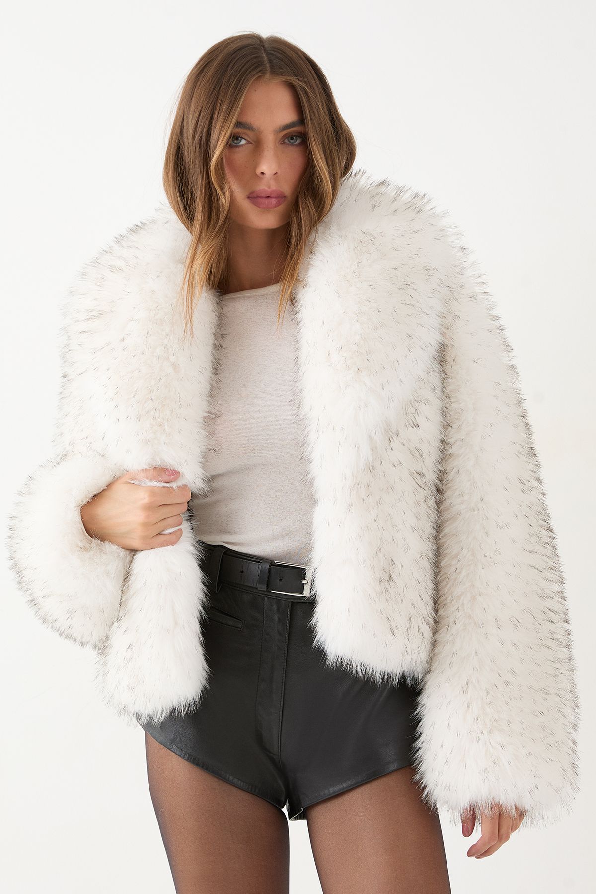 MissPap Faux Fur Cropped Collared Jacket White image 1