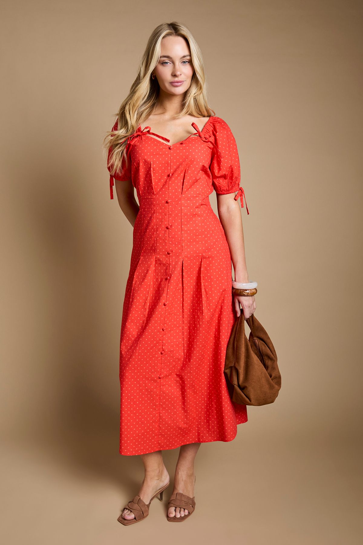 Dorothy Perkins Pleat Button Detail Puff Sleeve Midi Dress Red