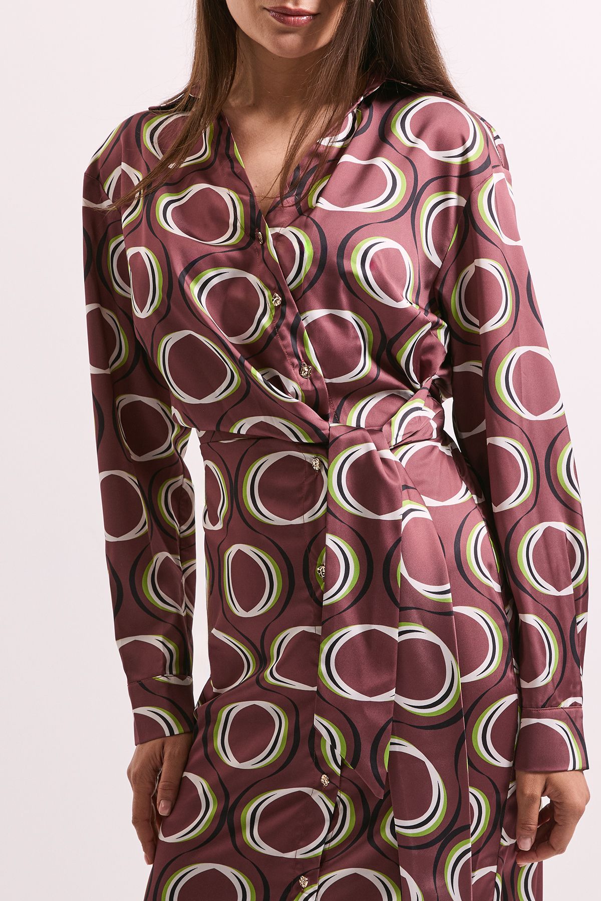 Principles Printed Tie Waist Button Detail Satin Shirt Dress Brown image 5