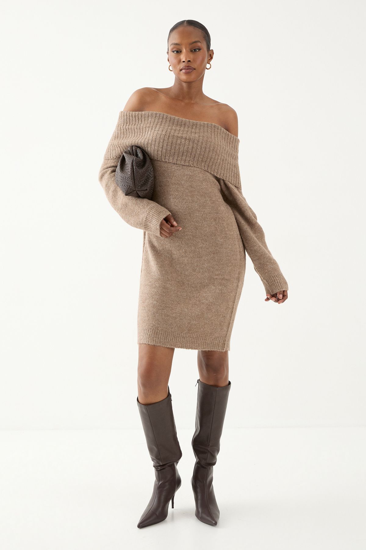 MissPap Premium Knit Bardot Foldover Jumper Dress Mocha image 4