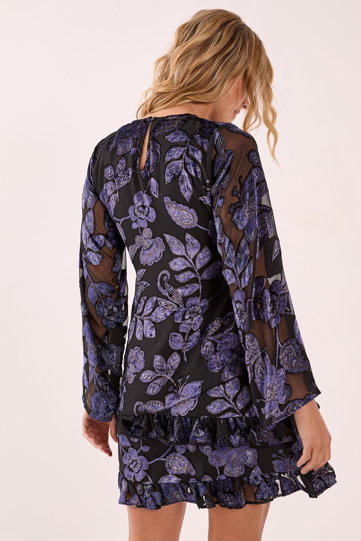 NastyGal Floral Devore Ruffle Wrap Mini Dress Black image 4