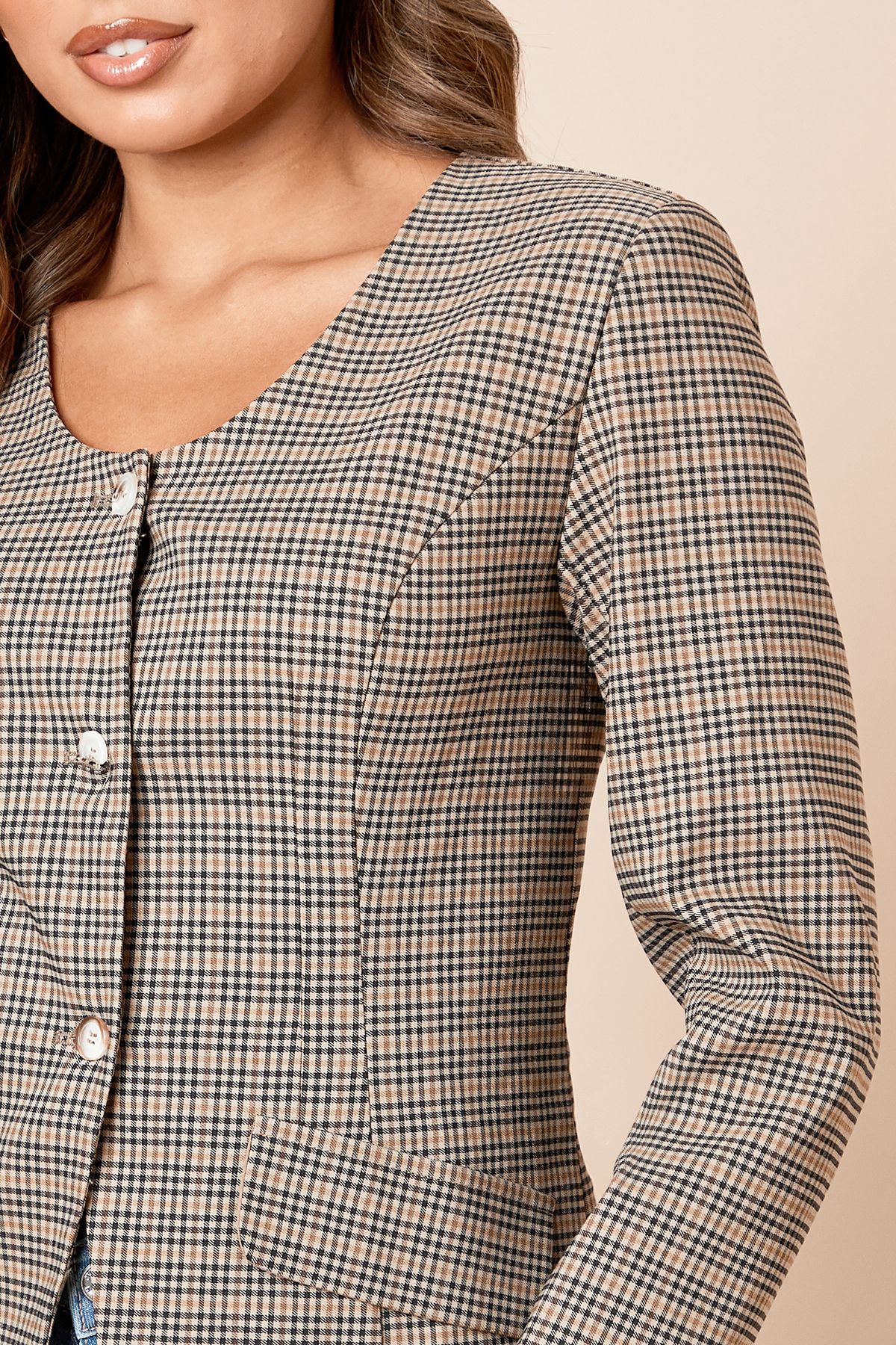 Dorothy Perkins Check Scoop Neck Blazer Dark Brown image 5