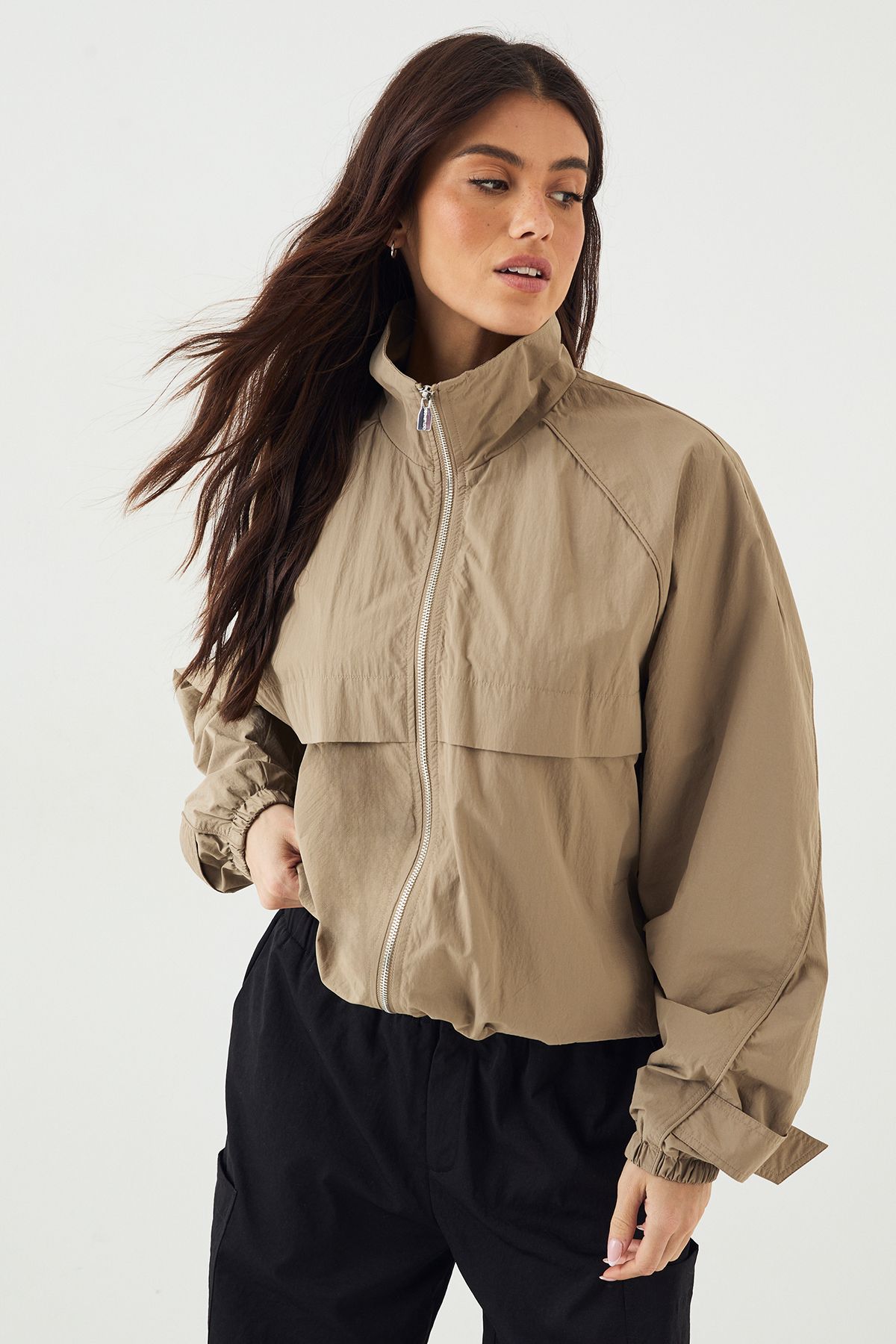 DSGN Studio DSGN Studio Nylon Zip Through Funnel Neck Track Jacket Taupe image 1