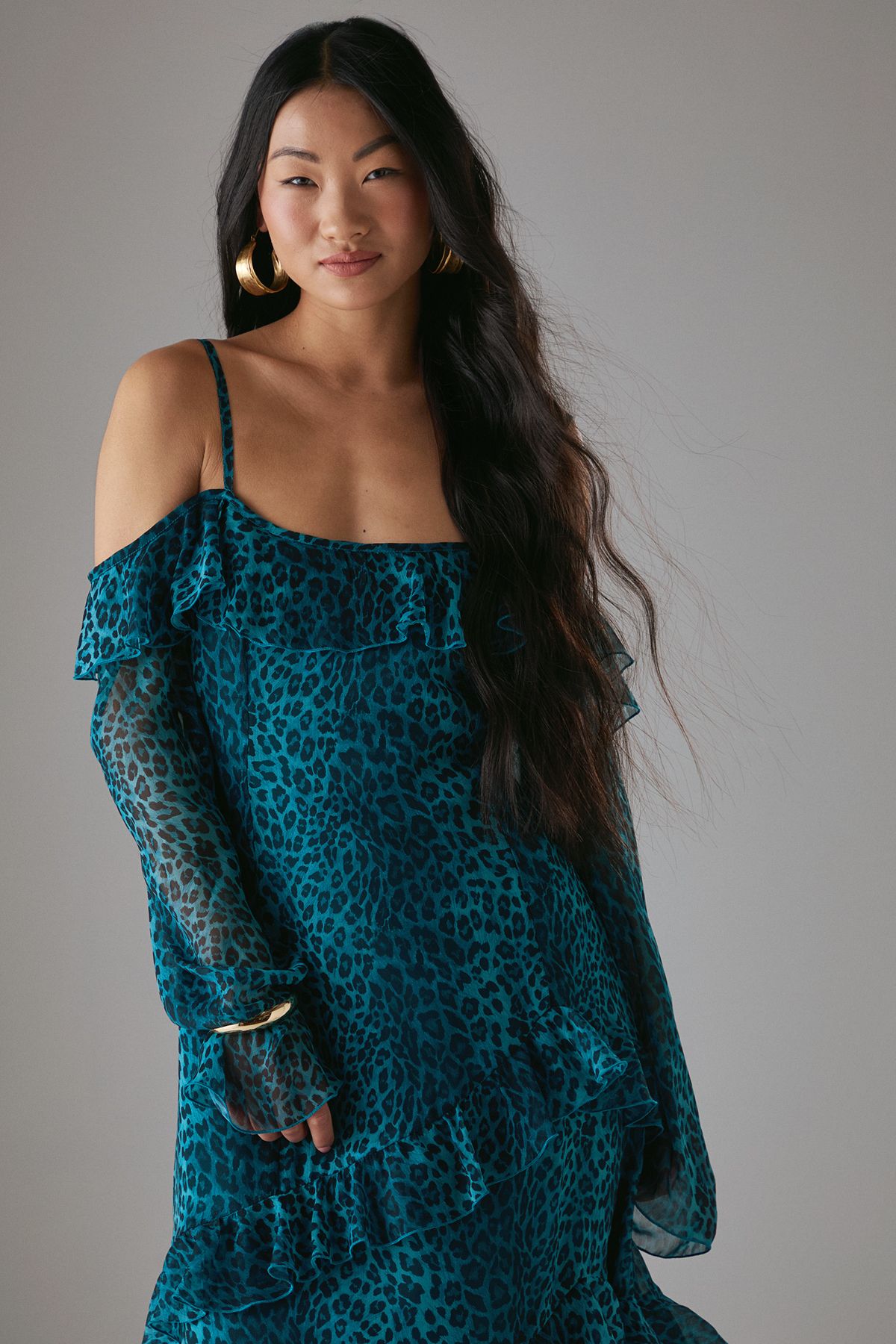Warehouse Petite Chiffon Ruffle Cold Shoulder Midi Dress Leopard image 2